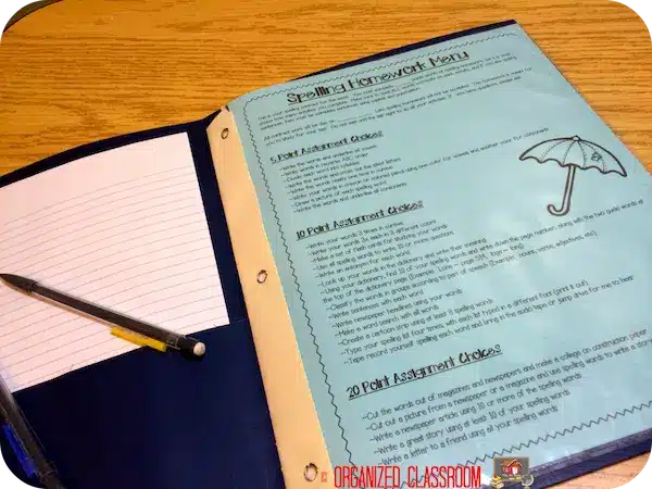 Spelling Homework Menu for Kids