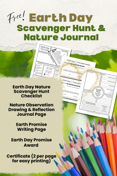 This free Earth Day activity includes a nature scavenger hunt checklist, observation drawing and reflection journal page, Earth promise writing section, and printable Earth Day certificate. The resource is designed as a complete mini-lesson for outdoor learning and environmental awareness.