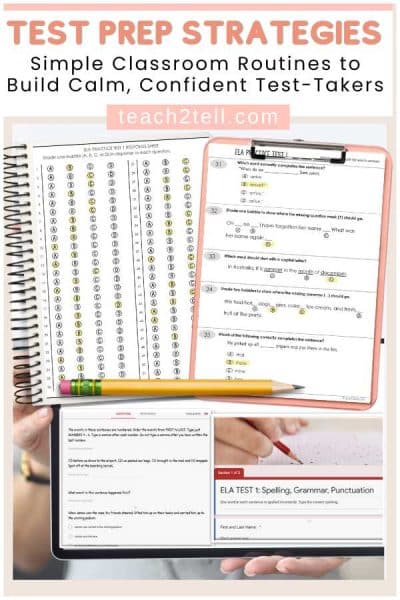 Test Prep Ideas & Strategies for Grades 3–5 showing ELA and math practice tests with simple classroom routines to build confident test takers