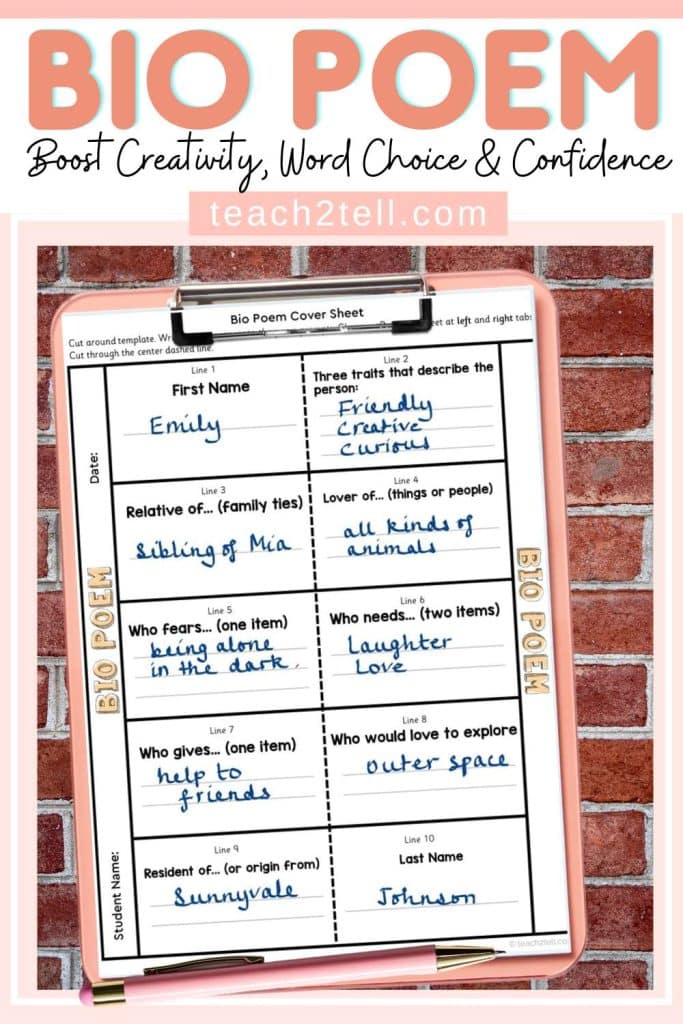 Bio poem template worksheet printable for elementary students personal writing activity