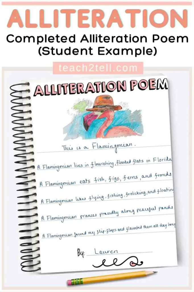 Completed alliteration poem example showing student work and correct use of alliteration