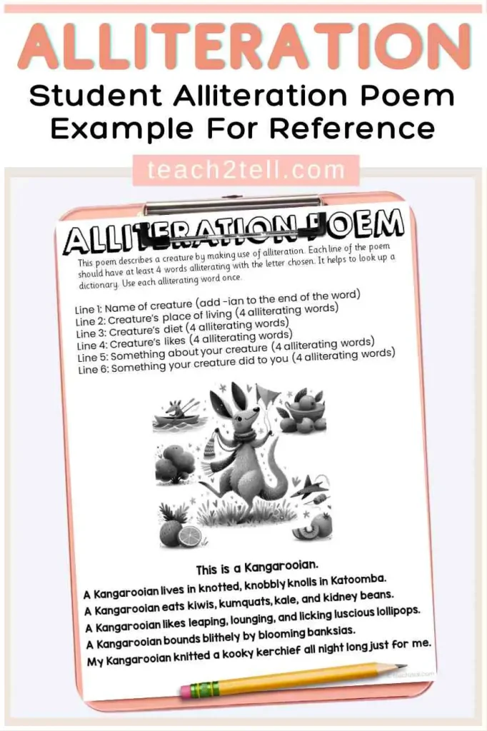 Student alliteration poem example for reference with labeled features and structure