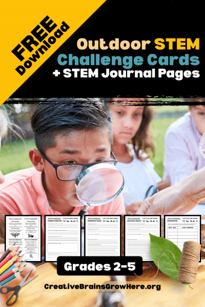 Download free outdoor STEM challenge cards and science journal pages for kids. Fun screen-free summer learning activities for families, homeschool, camps, and classrooms.